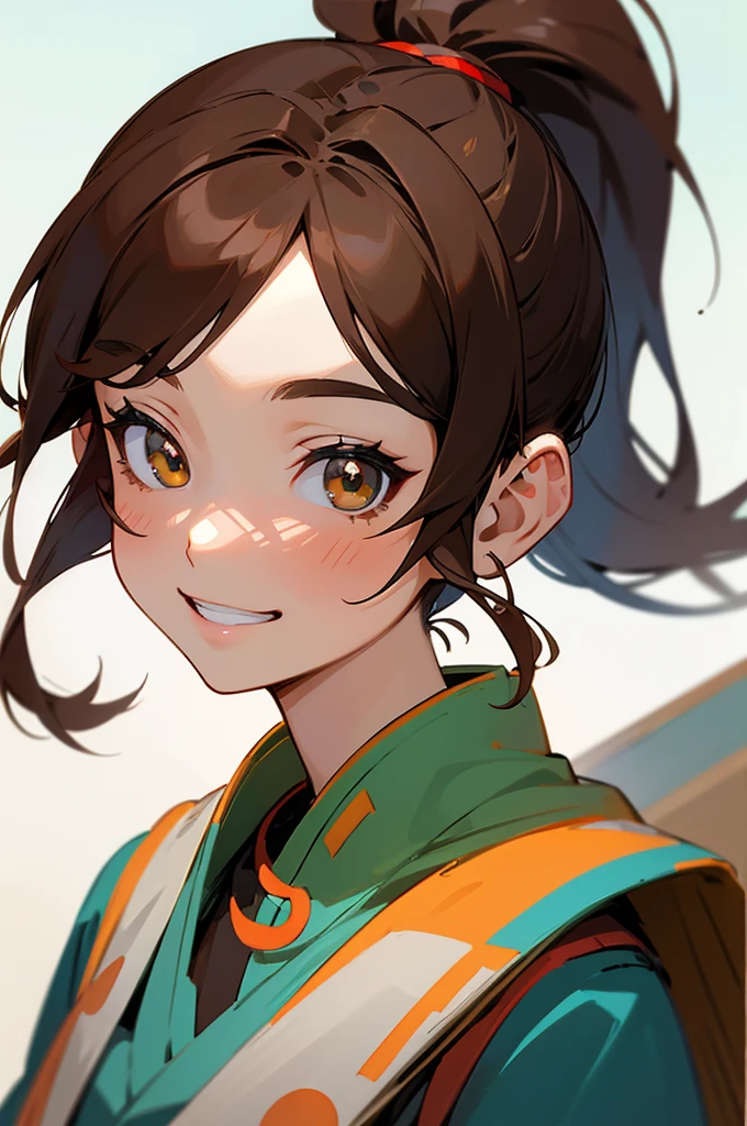 1 Girl、Anime-style paintings、Brown hair in a ponytail, Show your ears, Upper body close-up、Grin