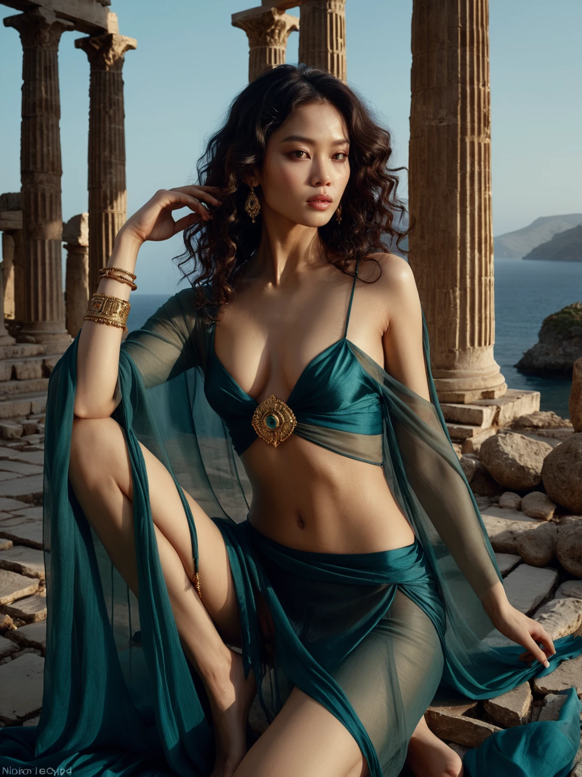 (Full body 1.5) (1 girl 1.3) (extremely detailed1.3) (anatomically correct, High precision human body, highly detailed,, realistic skin) (RAW photo, nikon, 8k, Super detailed, advanced details, intricate details, Super detailed), (award winning photo, masterpiece), (photo-realistic) Composition: golden ratio, artistic composition, fine art, ((composed in the style of a pre-Raphaelite painting1.3)) Lighting: Face lighting, Ray tracing, reflective light, Structurally correct, Background: High contrast, in the ruins of a greek temple, on an island, ocean in the background aesthetic: greek goddess, Aphrodite, artistic composition, sophisticated, siren from homer's odyssey, seductress ((divine aura 1.3)) (goddess 1.5) eros, eroticism Subject: A portrait of a beautiful half-asian, mixed asian-european, bronze skin, woman with hair in black curls and coils, and grey eyes Wearing: sheer scraps of silk flowing revealing her body, see through. (wearing sheer see through very very very thin silk robe that shows the colour of her tanned skin through the very very thin fabric) (golden jewellery on arms and neck and wrists and fingers), elegant golden high heels, bare shoulders, colours in teal and bronze Photo in the style of: lee jeffries nikon d850 film 4 kodak portra 400 camera f1.6 lens, rich colors, hyper realistic, lifelike texture, dramatic lighting, cinestill 800 tungsten, Pose: ((doing yoga 1.5))