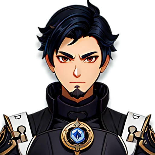 Simple white background, male character Genshin Impact, unique character, serious look, , black suite, short black hair without bangs, goatee, visual novel, detailed black armor, high quality, cinematic, dramatic pose, intricate details, colors vibrant, masterpiece, Genshin Impact, Diluc