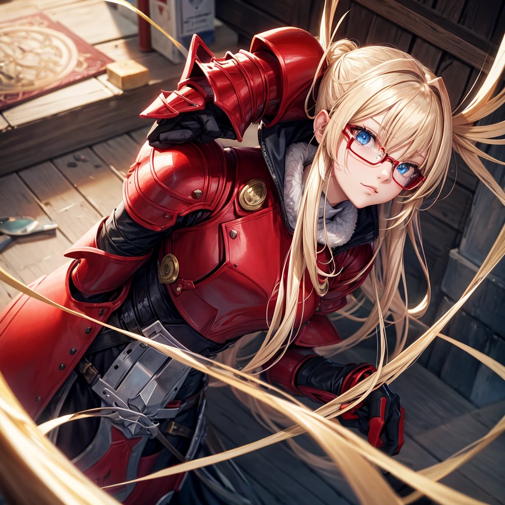 A young woman, with red armor, blue eyes, long blonde hair, wearing glasses, thin, murderous
