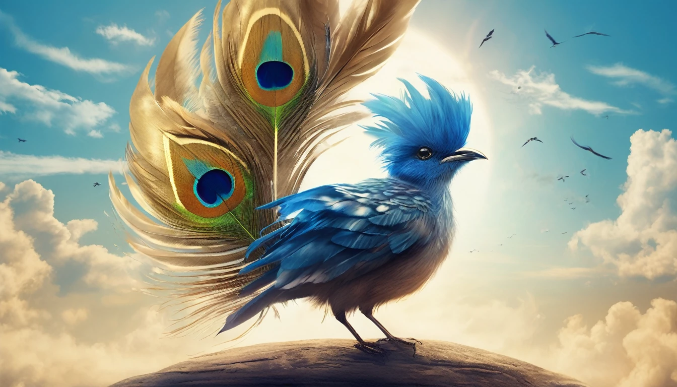 Create a professional, fantastic, cinematic Youtube Banner for a brand about music and stories called " Penamemoria". Masterpiece, 4k, sharp focus, highest quality,wide shot. The Background image is a world full of fantastic feathers, unique birds, light blue sky, soft white and touches of golden. Logo design of a half a boy, half a bird. Imagine the logo as a face symbol. Half is a boy, the other half is a bird feather
