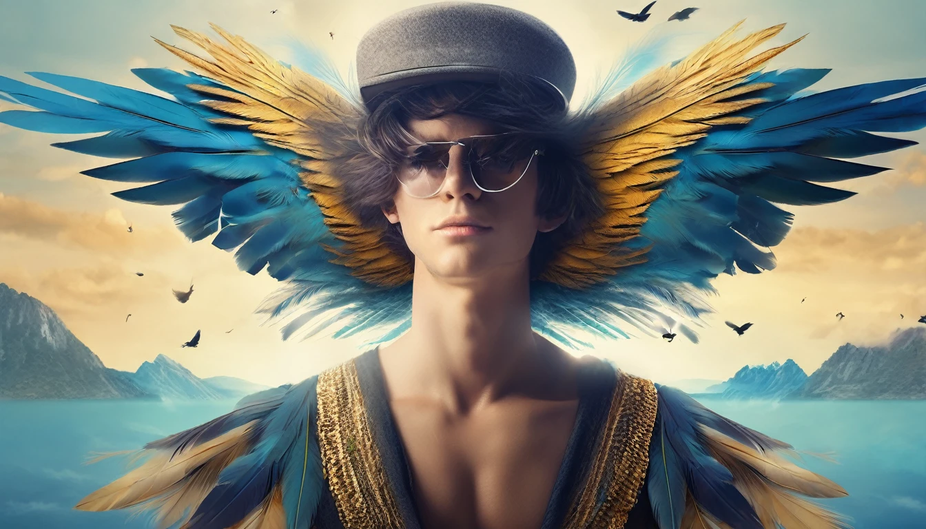 Create a professional, fantastic, cinematic Youtube Banner for a brand about music and stories called " Penamemoria". Masterpiece, 4k, sharp focus, highest quality,wide shot. The Background image is a world full of fantastic feathers, unique birds, light blue sky, soft white and touches of golden. Logo design of a half a boy, half a bird. Imagine the logo as a face symbol. Half is a boy, the other half is a bird feather