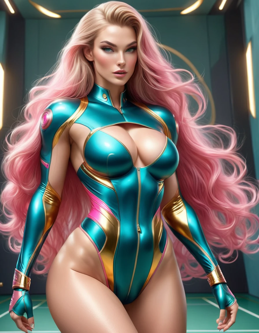 BEAUTIFUL GODDESS WOMAN , tall woman BODY, tall woman, STRONG CURVED ATHLETIC BODY, muscles, BLUE PINK SUIT, body tanga, gold accents, BEAUTIFUL THIGHS EXPOSED, SWEATY BUTTOCKS, Strong glutes, TENNIS GOLD, GOLDEN GAUNTLETS, HUGE LONG BLUE GREEN PINK body hair, very pale skin, body hair, body hair STYLE, EXPRESSIVE LIGHT GRAY EYES, High cheekbone, rosy cheeks, strapless bodysuit, full body perspective, Side view of the body, War scenario, sexiness, mythology artwork, work of art
