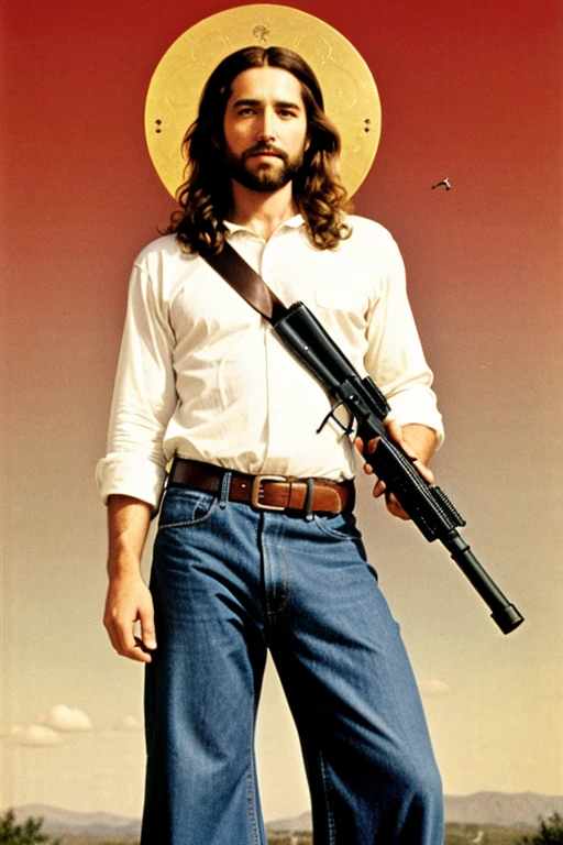 Make me an image of Jesus with bell-bottoms with a gun and a flying cat next to him and let him shoot one and save us all with his cross-shaped gun.