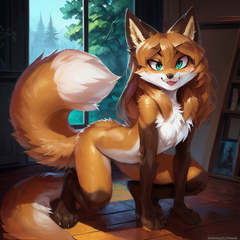 A solo vixen squatting looking in the air ((female) (anthro) ([foxl])), beautiful and detailed portrait of an anthropomorphic vixen ((female)), anthro fox girl, body fur, curvy, sexy, nice, cute, hot, sassy, sassy hips, (Averi, Fox girl), hi res, photorealism, soft shading, (detailed fur: 1.1), happy looking, (legs), (solo: 1.1), ), (black thong, red pattern:1.2) , tail raised, ((beautiful) eyes: 1.1), (detailed eyes: 1.1), (detailed), (masterpiece: 1.2), (athletic), good anatomy, detailed face, (by Kenket), by Ross Tran, by Michael & Inessa Garmash, by Pino Daeni, by Kiguri, by Alena Aenami, by Ruan Jia