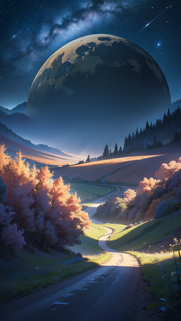 a surreal dream landscape, a winding dirt road through a field at night with a starry sky, lace-like patterns in the sky, ethereal dawn light