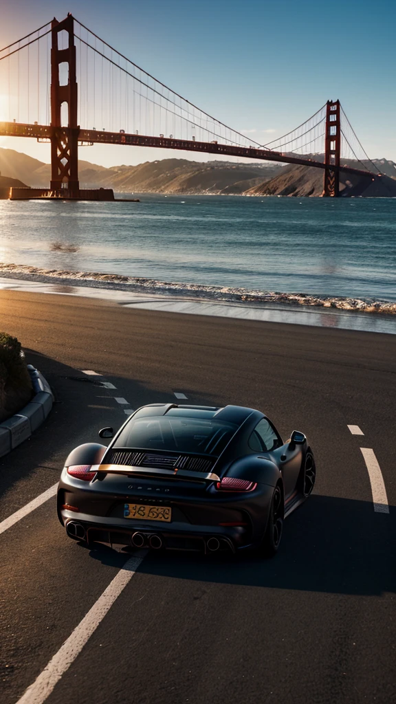 8k photorealistic scene of a customized, modified, Japanese style matte black porsche GT 90 driving towards Golden Gate Bridge in the background, in the evening, at golden hour, highly detailed, ultra realistic, proportionate, no errors
