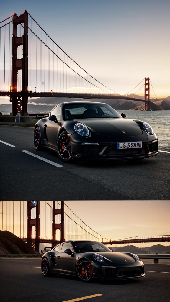 8k photorealistic scene of a customized, modified, Japanese style matte black porsche GT 90 driving towards Golden Gate Bridge in the background, in the evening, at golden hour, highly detailed, ultra realistic, proportionate, no errors

