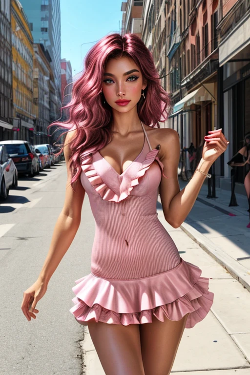 Photorealistic portrait of a Victoria's Secret model (70% Turkish , 30% American) wearing a VVictoria's Secret (LASCANA
Short V-neck Ruffle Dress:1.4) and (Shyle Ballet Pink Ribbed Full Coverage Bikini Panty:1.4) . She has long, straight, sleek magenta hair, a perfect face with detailed facial features, long eyelashes, double eyelids, bright colorful glittery eye makeup, and glossy teal lipstick. She has a fashion model-like figure with perfect anatomy,golden ratio,ballet dancer,ballet studio in the background