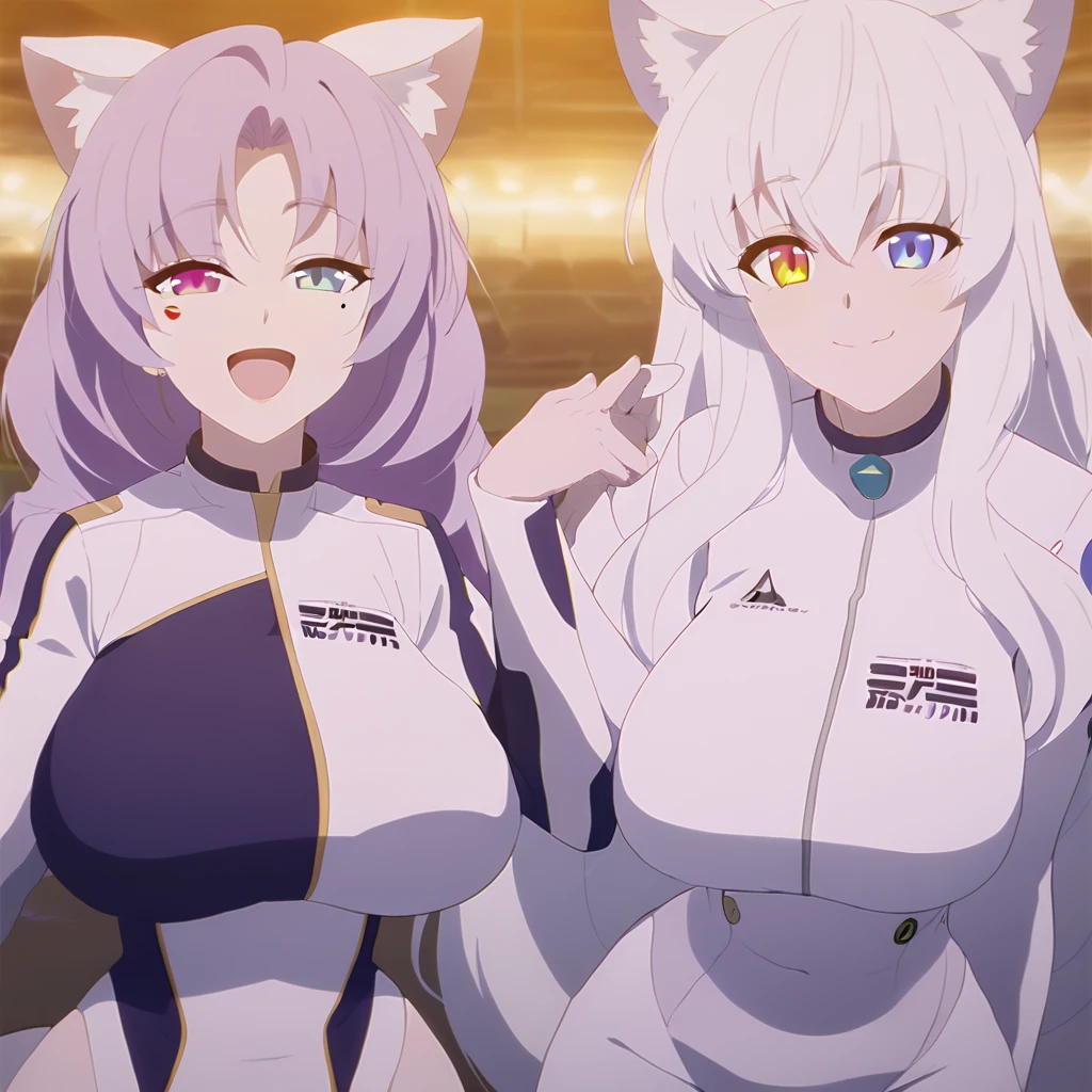 beautiful white neko, long white neko ears, white neko tail, anime style, purple eye, blue eye, big breasts, extremely detailed eyes and face, Wearing White and Purple Race Suit, white long hair, heterochromia, wide waist, mature woman, black small beauty mark under right eye, smile, happy