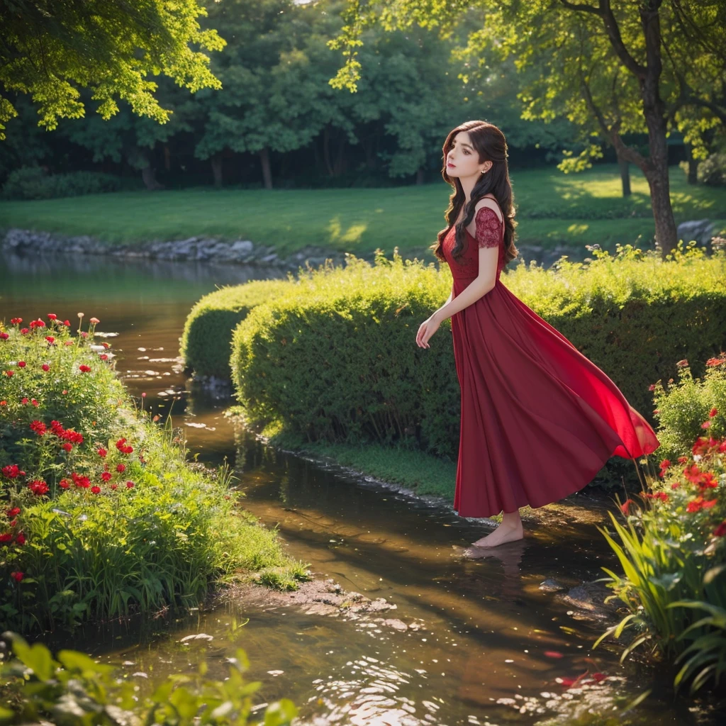 A girl in a red dress walking along a riverbank, detailed portrait, beautiful detailed eyes, beautiful detailed lips, extremely detailed face, long eyelashes, girl in a garden, serene landscape, beautiful scenery, photorealistic, 8k, hyper detailed, cinematic lighting, vibrant colors, muted color palette, atmospheric, serene, tranquil, peaceful, picturesque