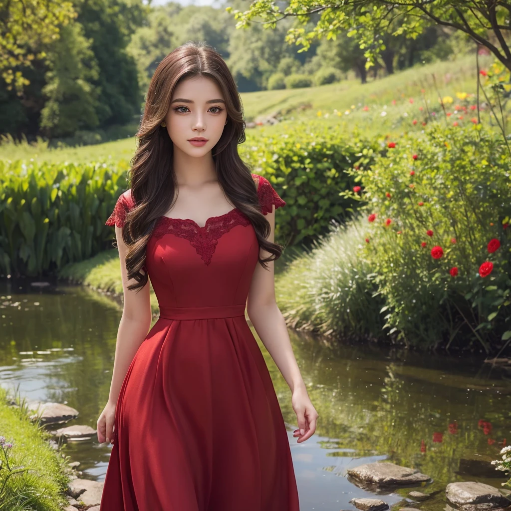 A girl in a red dress walking along a riverbank, detailed portrait, beautiful detailed eyes, beautiful detailed lips, extremely detailed face, long eyelashes, girl in a garden, serene landscape, beautiful scenery, photorealistic, 8k, hyper detailed, cinematic lighting, vibrant colors, muted color palette, atmospheric, serene, tranquil, peaceful, picturesque