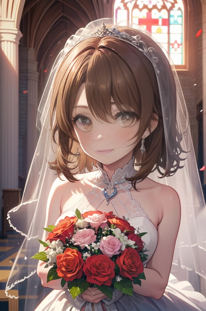 irohaisshiki, Isshiki Iroha, long hair to the waist, brown hair, (brown eyes:1.5), smile,blush,
wedding dress wedding skirt,veil,bouquet,holding a large bouquet of flowers in both hands,Throwing a large bouquet of flowers with both hands,
destroy indoors, church,Breaking the chapel looking at viewer,Upper body,whole body,Peek from above and destroy (masterpiece:1.2), highest quality, High resolution, unity 8k wallpaper, (shape:0.8), (beautiful and detailed eyes:1.6), highly detailed face, perfect lighting, Very detailed CG, (perfect hands, perfect anatomy), y con una cara diferente