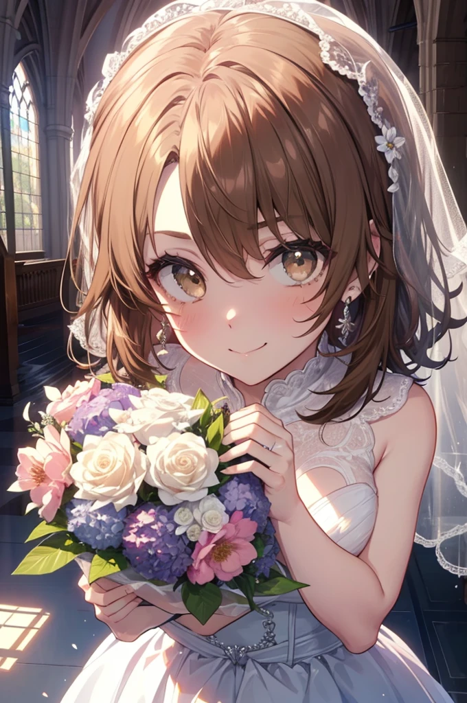 irohaisshiki, Isshiki Iroha, long hair to the waist, brown hair, (brown eyes:1.5), smile,blush,
wedding dress wedding skirt,veil,bouquet,holding a large bouquet of flowers in both hands,Throwing a large bouquet of flowers with both hands,
destroy indoors, church,Breaking the chapel looking at viewer,Upper body,whole body,Peek from above and destroy (masterpiece:1.2), highest quality, High resolution, unity 8k wallpaper, (shape:0.8), (beautiful and detailed eyes:1.6), highly detailed face, perfect lighting, Very detailed CG, (perfect hands, perfect anatomy), y con una cara diferente 