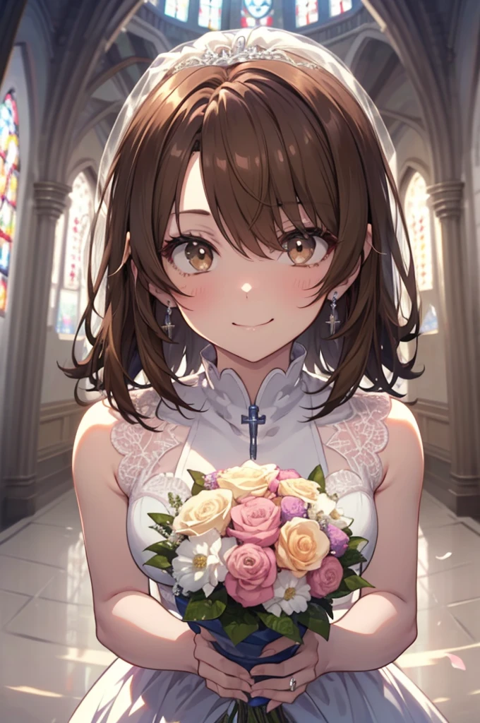 irohaisshiki, Isshiki Iroha, long hair to the waist, brown hair, (brown eyes:1.5), smile,blush,
wedding dress wedding skirt,veil,bouquet,holding a large bouquet of flowers in both hands,Throwing a large bouquet of flowers with both hands,
destroy indoors, church,Breaking the chapel looking at viewer,Upper body,whole body,Peek from above and destroy (masterpiece:1.2), highest quality, High resolution, unity 8k wallpaper, (shape:0.8), (beautiful and detailed eyes:1.6), highly detailed face, perfect lighting, Very detailed CG, (perfect hands, perfect anatomy), y con una cara diferente