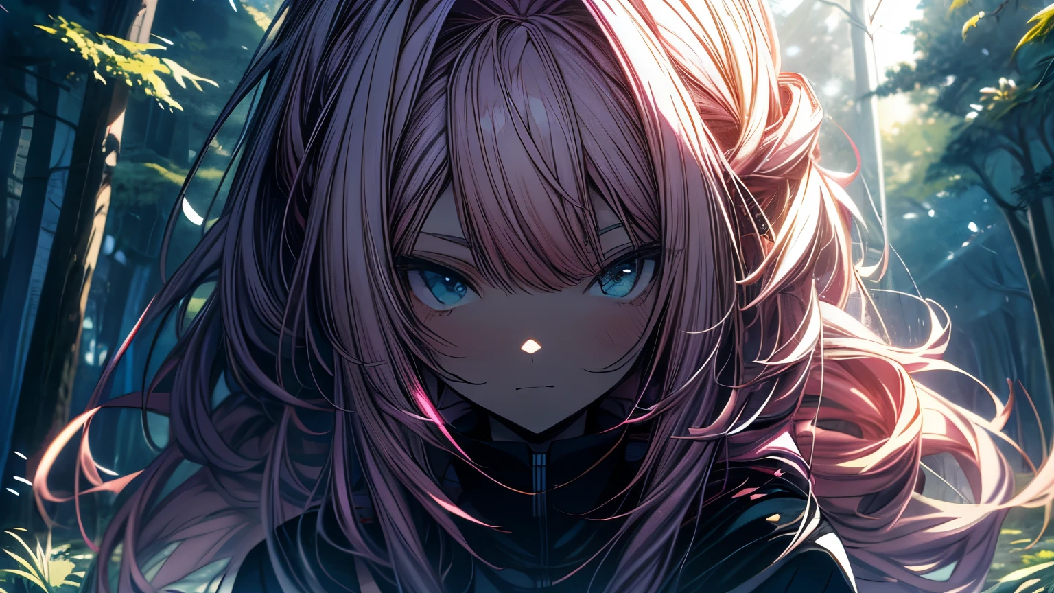 Anime girl with long pink hair and blue eyes standing in a forest., detailed digital anime art, 4K anime style, hermoso portrait animado, portrait, Knights of the Zodiac, , anime art wallpaper 4k, 4k anime art wallpaper, blonde anime girl with long hair, High quality 8K detailed art, anime art wallpaper 8K, pink fur princess, detailed anime art
