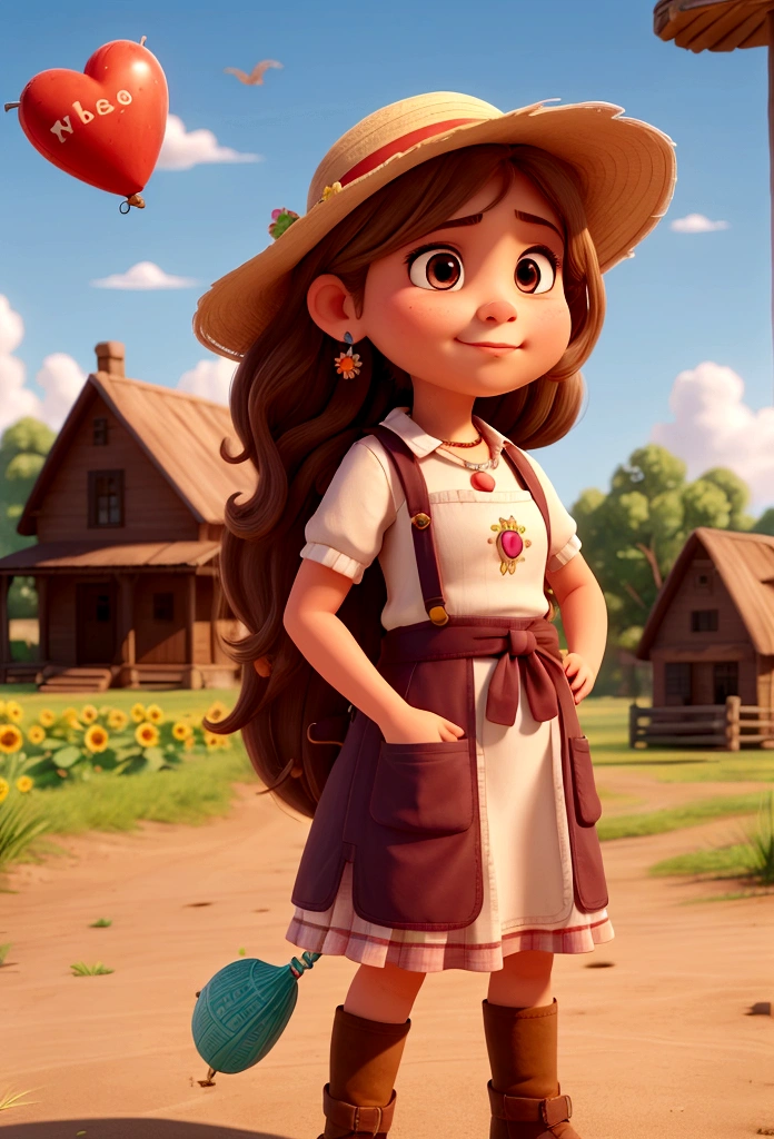 Title: **Portrait of a Hillbilly Girl Pixar Style**
Description:
In a small country town, Known for its vast sunflower plantations, lives a young country girl named Ana. Imagine Ana in a charming and captivating style, characteristic of Pixar and Disney animations.
**Character Details:**
1. **Appearance:**
- **muka:** Ana has a round and expressive face, with big brown eyes that shine with curiosity and joy. Your cheeks are slightly pink, giving you a healthy and vivacious appearance.
- **body hair:** Her hair is light brown, wavy and falls in loose curls to the shoulders. She wears a big, worn straw hat, decorated with a faded red ribbon.
- **badass clothing:** Ana wears a simple white blouse with puffed sleeves and a plaid skirt in shades of blue and red that reaches her knees.. She wears an apron over her skirt, with big pockets, where you store flowers and small utensils. His feet are clad in brown leather boots., slightly worn from use.
2. **Accessories:**
- **jewelly:** A necklace made of colorful beads that she made herself, and a pair of small heart-shaped earrings.
- **Ornaments:** Always carry a wicker basket full of fresh flowers and fruits, and sometimes a heart-shaped gas balloon she got at a harvest party.
3. **Personalidade:**
- **Kind Heart:** Ana is kind and helpful, Always willing to help your neighbors and friends. She loves taking care of the farm animals and is especially affectionate with her favorite cow., daisy.
- **Dreamer:** With a dreamy spirit, Ana spends her days imagining adventures and exploring the surroundings of her small town.. Her favorite place is a field of sunflowers where she lies and watches the sky..
- **Determination:** Despite its sweet appearance, Ana is determined and not afraid to roll up her sleeves to face challenges. She is resourceful and loves creating little inventions to make life easier.