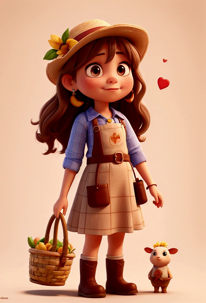 Title: **Portrait of a Hillbilly Girl Pixar Style**
Description:
In a small country town, Known for its vast sunflower plantations, lives a young country girl named Ana. Imagine Ana in a charming and captivating style, characteristic of Pixar and Disney animations.
**Character Details:**
1. **Appearance:**
- **muka:** Ana has a round and expressive face, with big brown eyes that shine with curiosity and joy. Your cheeks are slightly pink, giving you a healthy and vivacious appearance.
- **body hair:** Her hair is light brown, wavy and falls in loose curls to the shoulders. She wears a big, worn straw hat, decorated with a faded red ribbon.
- **badass clothing:** Ana wears a simple white blouse with puffed sleeves and a plaid skirt in shades of blue and red that reaches her knees.. She wears an apron over her skirt, with big pockets, where you store flowers and small utensils. His feet are clad in brown leather boots., slightly worn from use.
2. **Accessories:**
- **jewelly:** A necklace made of colorful beads that she made herself, and a pair of small heart-shaped earrings.
- **Ornaments:** Always carry a wicker basket full of fresh flowers and fruits, and sometimes a heart-shaped gas balloon she got at a harvest party.
3. **Personalidade:**
- **Kind Heart:** Ana is kind and helpful, Always willing to help your neighbors and friends. She loves taking care of the farm animals and is especially affectionate with her favorite cow., daisy.
- **Dreamer:** With a dreamy spirit, Ana spends her days imagining adventures and exploring the surroundings of her small town.. Her favorite place is a field of sunflowers where she lies and watches the sky..
- **Determination:** Despite its sweet appearance, Ana is determined and not afraid to roll up her sleeves to face challenges. She is resourceful and loves creating little inventions to make life easier.