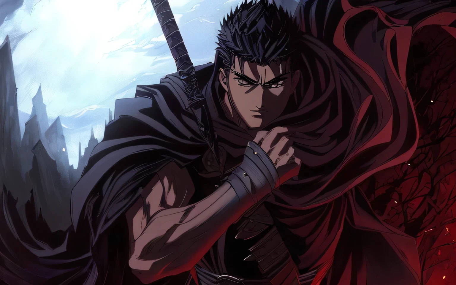 anime character with a sword and cape holding a sword, berserk art style, portrait of guts from berserk, guts from berserk, berserk guts, guts berserk, from berserk, berserk style, berserk blood, berserk, berserk manga, in berserk manga, guts, berserk skullknight black armor, unlimited blade works