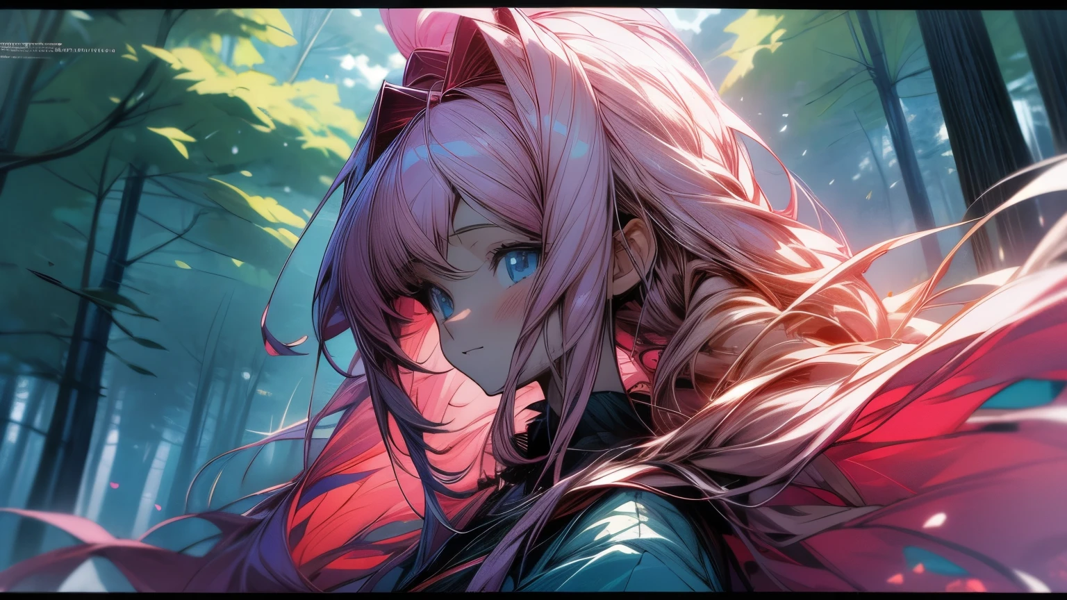 Anime girl with long pink hair and blue eyes standing in a forest., detailed digital anime art, 4K anime style, hermoso portrait animado, portrait, Knights of the Zodiac, , anime art wallpaper 4k, 4k anime art wallpaper, blonde anime girl with long hair, High quality 8K detailed art, anime art wallpaper 8K, pink fur princess, detailed anime art