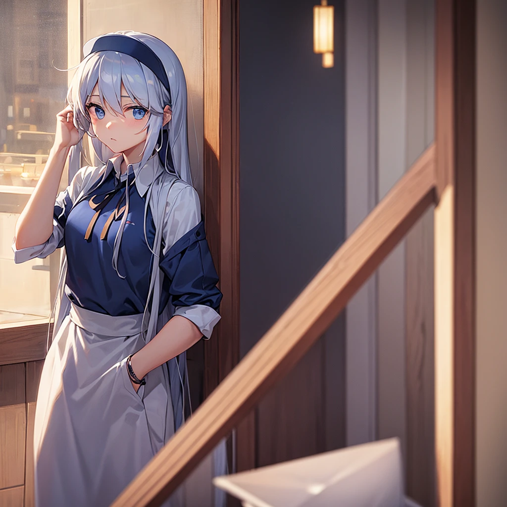 A restaurant attendant, wearing a visor, thin, long hair, blue eyes, shy.