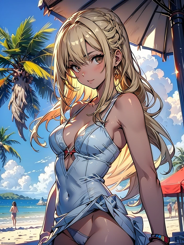 masterpiece, rich colors, Best quality, detailed, high resolution, Hyper quality, high detail, , high quality, detailing, skinny sexy girl on the beach , bright lighting , Brown eyes, Anime, palm trees, bright lighting, blonde,