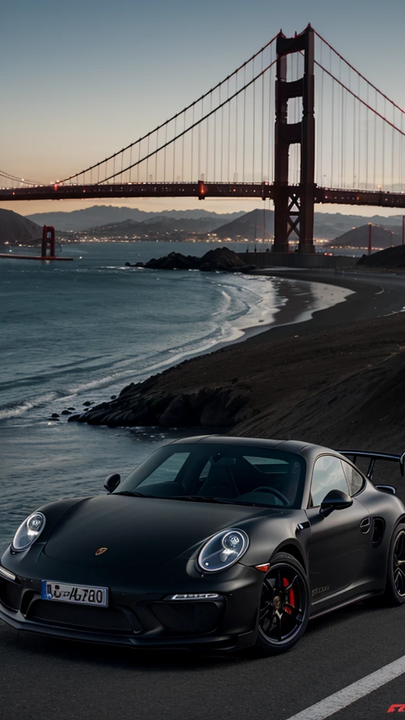 8k photorealistic scene of a customized, modified, Japanese style matte black porsche GT 90 driving towards Golden Gate Bridge in the background, in the evening, at night time, highly detailed, ultra realistic, proportionate, no errors
