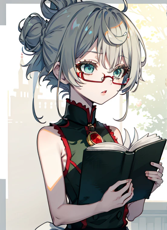young girl, Gray hair in one bun, Green eyes, red glasses, Green Science Dress, White Elements, Sleeveless, open breasts, book, Masterpiece, hiquality, high detail, HD, 4k