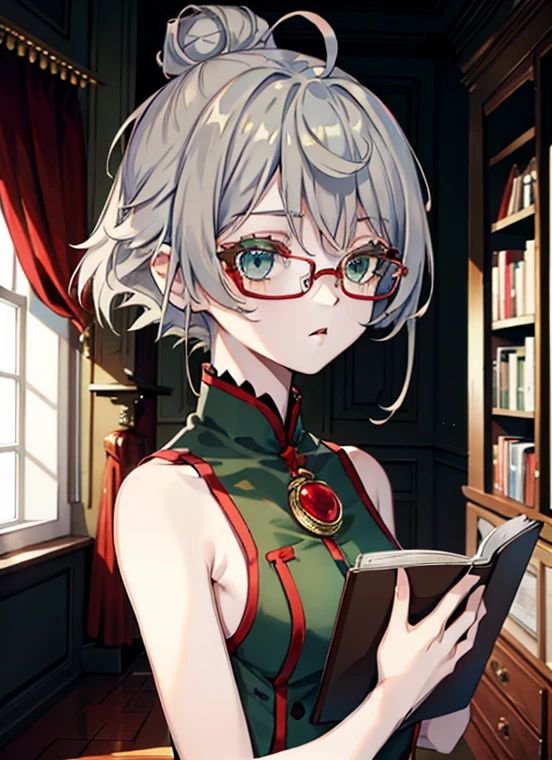 young girl, Gray hair in one bun, Green eyes, red glasses, Green Science Dress, White Elements, Sleeveless, open breasts, book, Masterpiece, hiquality, high detail, HD, 4k
