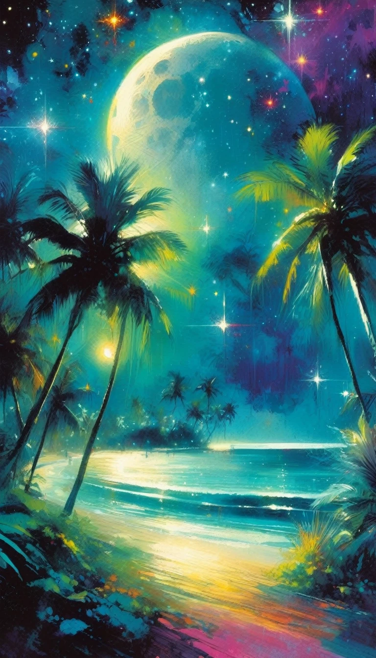 beautiful tropical beach landscape, magic, fantastic, night sky, moon, stars, background, (art inspired by Bill Sienkiewicz). oil painting)