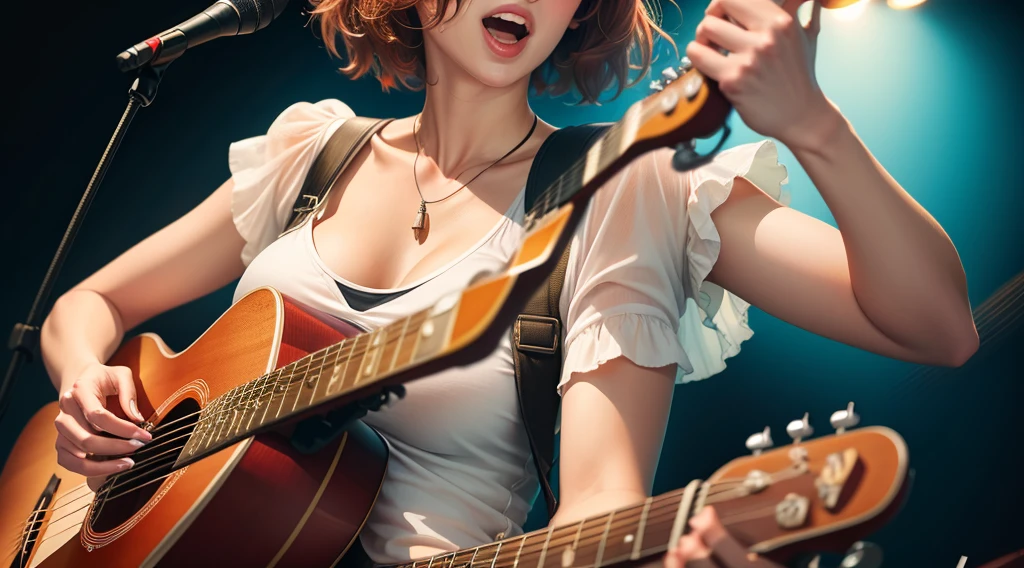 Woman playing guitar and singing , full body, big boobs, 