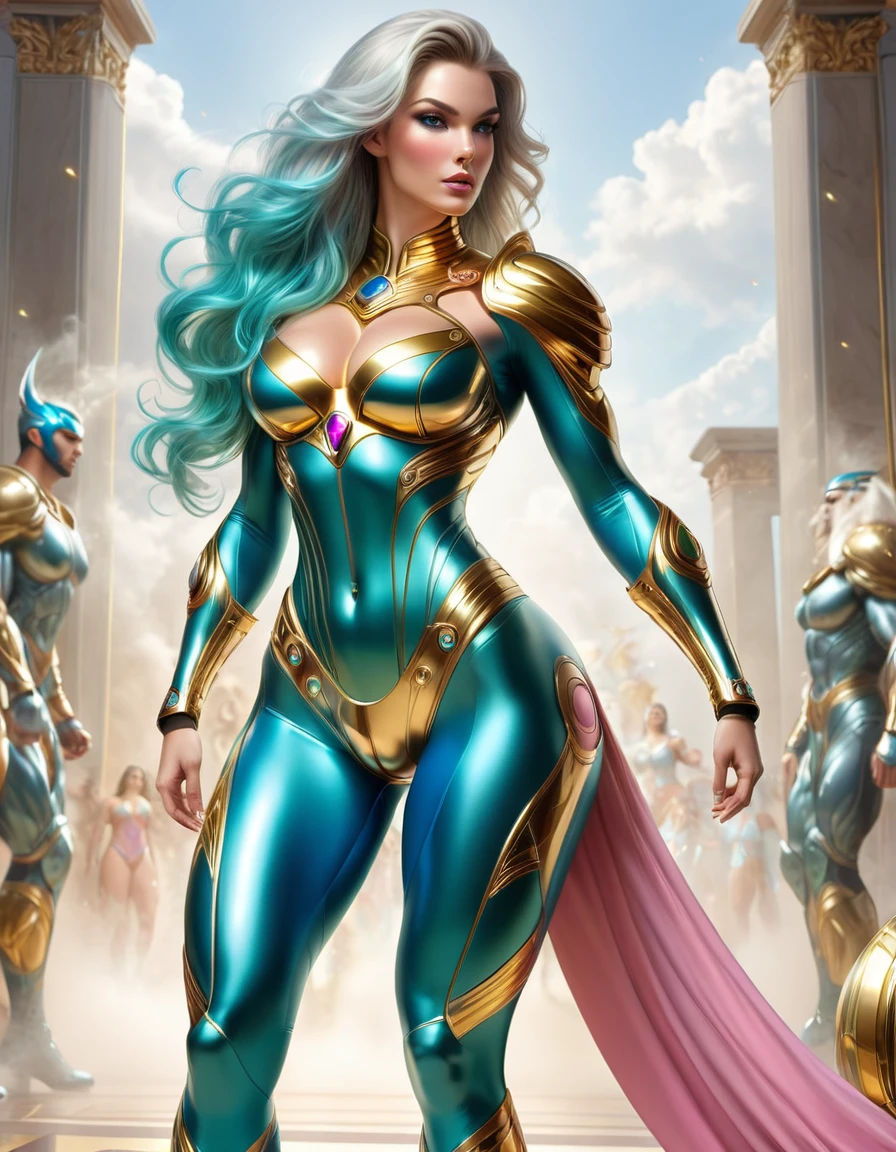 BEAUTIFUL GODDESS WOMAN , tall woman BODY, tall woman, STRONG CURVED ATHLETIC BODY, muscles, WHITE BLUE COSTUME, body tanga, gold accents, BEAUTIFUL THIGHS EXPOSED, SWEATY BUTTOCKS, Strong glutes, TENNIS GOLD, GOLDEN GAUNTLETS, HUGE LONG BLUE GREEN PINK body hair, very pale skin, body hair, body hair STYLE, EXPRESSIVE LIGHT GRAY EYES, High cheekbone, rosy cheeks, strapless bodysuit, full body perspective, Side view of the body, War scenario, sexiness, mythology artwork, work of art