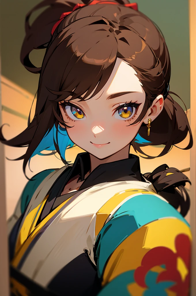 1 Girl、Anime-style paintings、Brown hair in a ponytail, Colorful costume on black interior, Upper body close-up、smile