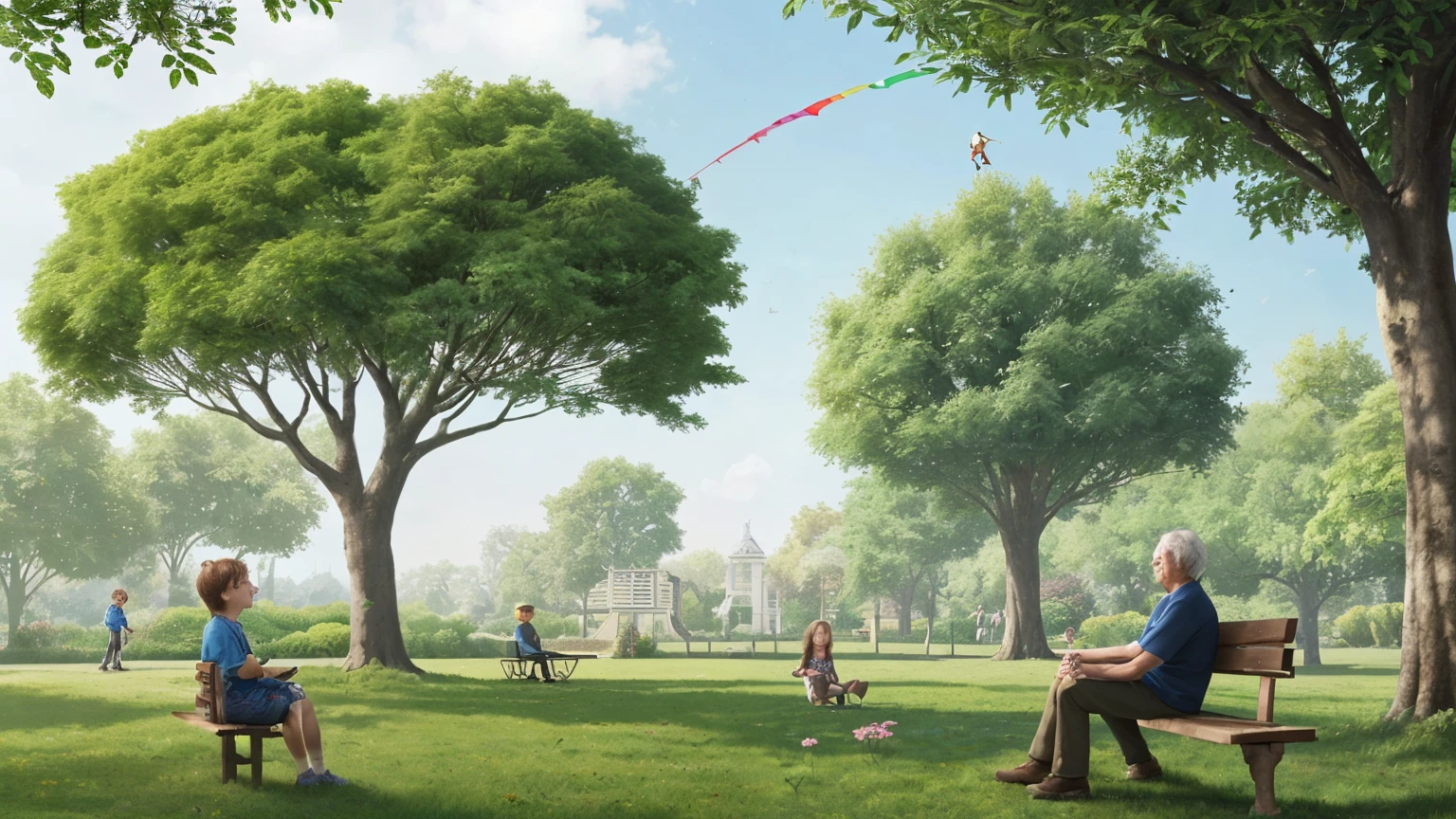 Illustrate a scene from the story "The Lost Kite." The scene should capture the moment when Alex and Lucy, with the help of the park gardener, are working together to retrieve Alex's kite from the tall tree. The kite is stuck high in the branches of a leafy tree, swaying gently in the breeze. Alex, a young boy, is looking up at the kite, with a hopeful expression on his face. Lucy, a friendly girl, is standing beside Alex, pointing towards the kite, and offering her support.
The park gardener, an older and kind-looking man, is holding a long ladder against the tree, preparing to climb up to reach the kite. In the background, the park is depicted with lush green grass, flowers, and other trees, creating a cheerful and inviting atmosphere. A nearby bench where Alex was initially sitting should be visible, and some children can be seen playing in the distance.
Capture the expressions of cooperation and kindness on the faces of Alex, Lucy, and the gardener, highlighting the teamwork and friendly assistance that brought about a happy resolution to the situation.