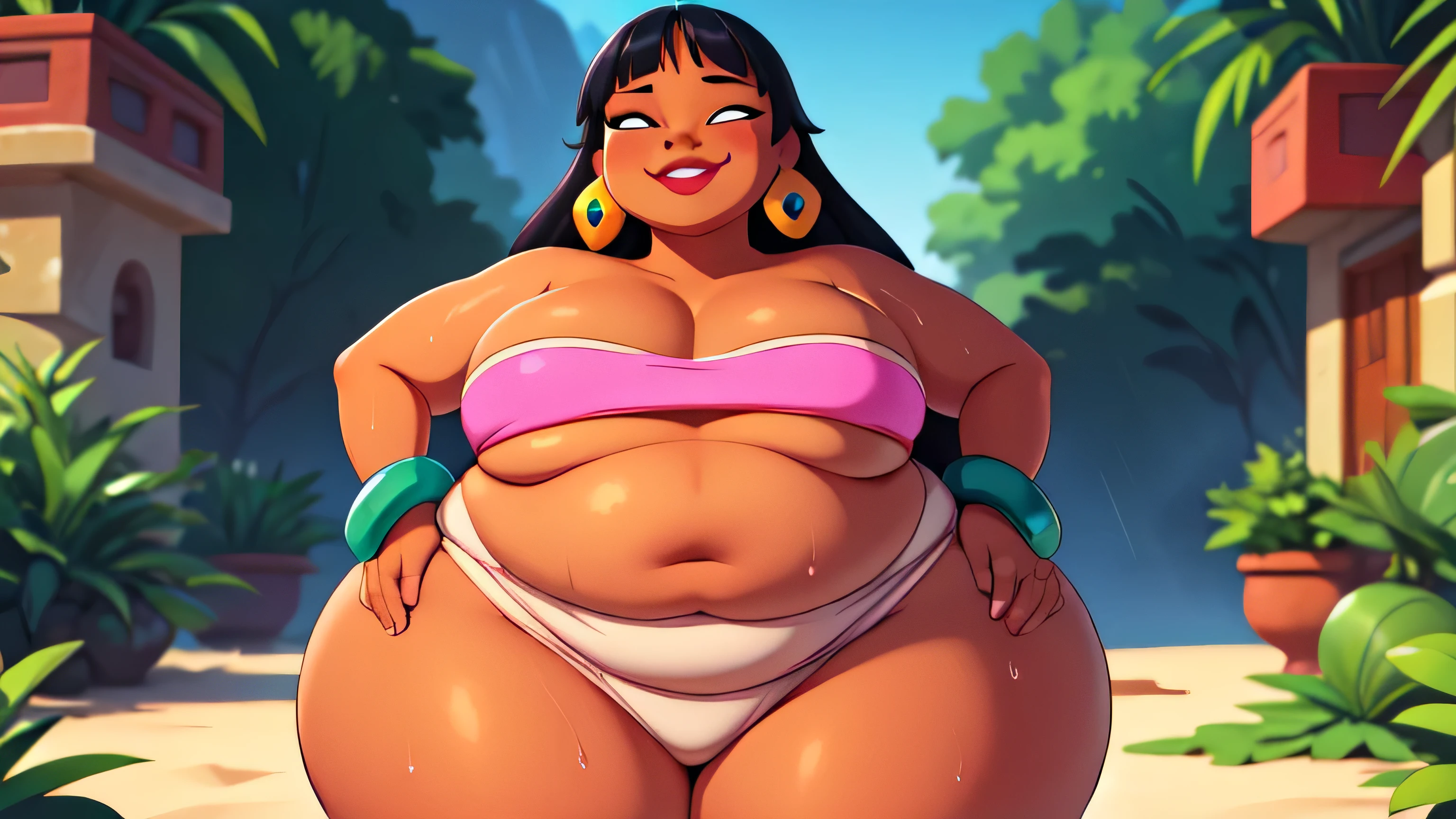 (work of art:1.2, best qualityer:1.2), soft ambient lighting, perfect lighting, 1 girl, standing alone, Chel, Bblack hair, long hair, rhombus stripe, eyes browns, darkskin, lipstick, breasts big, Broad Hips, top of the tube, neckleace, bared shoulders, emerald earrings, emerald bracelets, looking at the camera with a smug expression on his face, beach background, very large body, fat belly rolls, big breasts, sexy smile, fat arms, thunder thighs, super fat, looking at viewer, wet clothes, sweating very hard, sexy looking, blob
