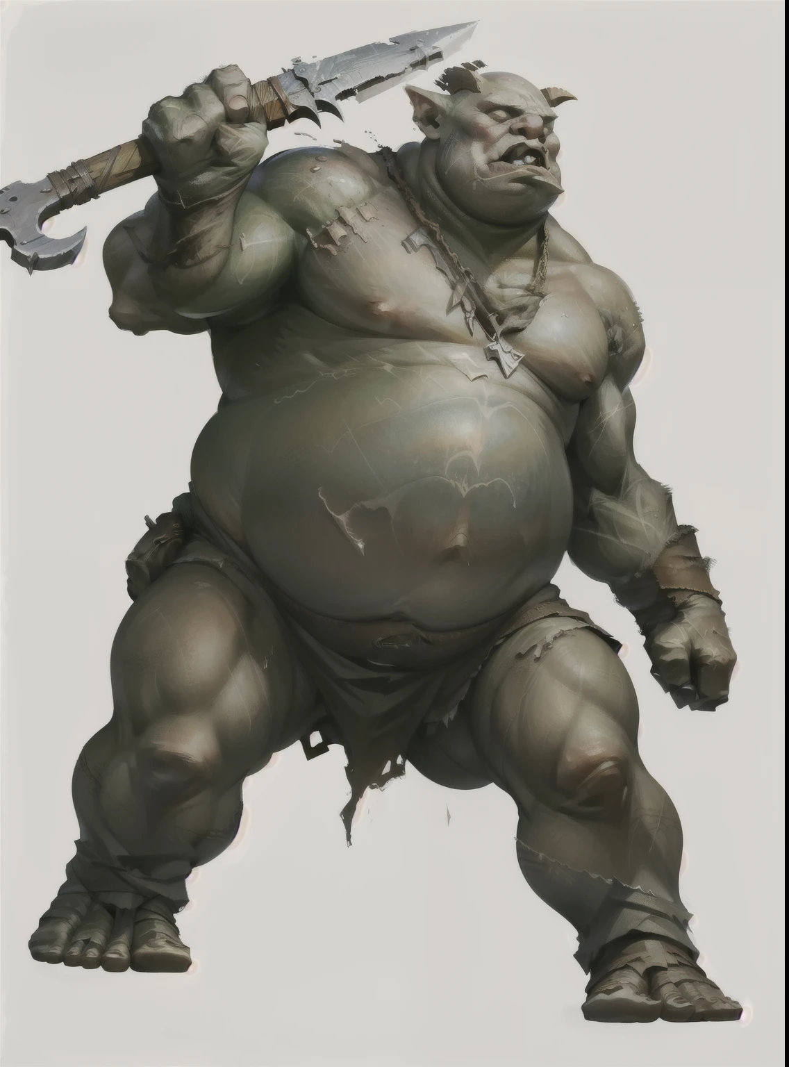 I want a character on a white background, png,full body image,I want a brute, fatter, with an ogre face, huge and with a giant club in his hand.