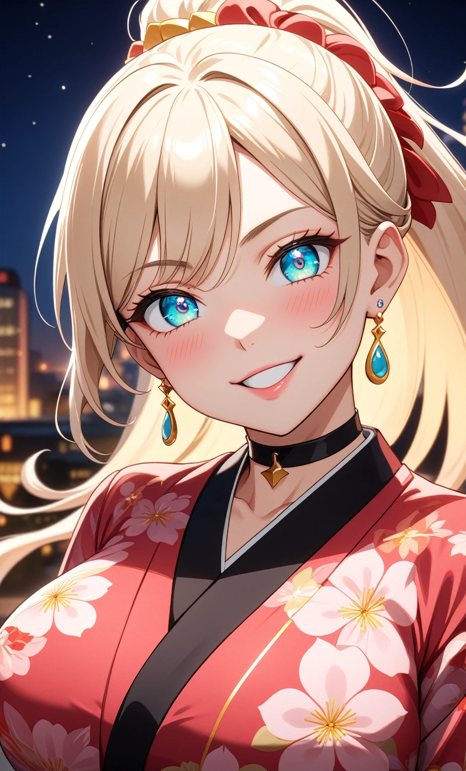 ((One personの女性)), Beautiful Face, ((Laughing embarrassedly)), ((Wink:1.7)), ((head tilt), Laugh with your mouth wide open,((Bright red cheeks:1.4)),Shiny red lips),night,rooftop,You can see the ocean, firework,Laughing with your mouth open,Glossy pink lips,Facial lighting,((Anime style background)),masterpiece, Highest quality, so beautiful,up to date, Complex details, (Pink long nails),(ring),(bracelet),(choker),AI-generated, Complex,High resolution, Highest quality, super high quality,3D Images、3D Images,One person,Long blonde hair,High Ponytail,(turquoise blue eyes),Anime woman posing for a photo, ((Fine grain、Colorful eyes、Shining Eyes:1.3)),(Squint your eyes:1.1),a hyperRealistic , hyperRealistic , Realistic,Anime woman with long white hair, Smooth anime CG art, A woman in a colorful kimono with gold embroidery, (Pink long sleeve kimono),Red floral pattern,Long flower hair ornament,Earrings,Mature Body,(Big Breasts:1.1),Tall,Abdominal muscles,Tight waist,(Zoom up to face:1.4),(front view),