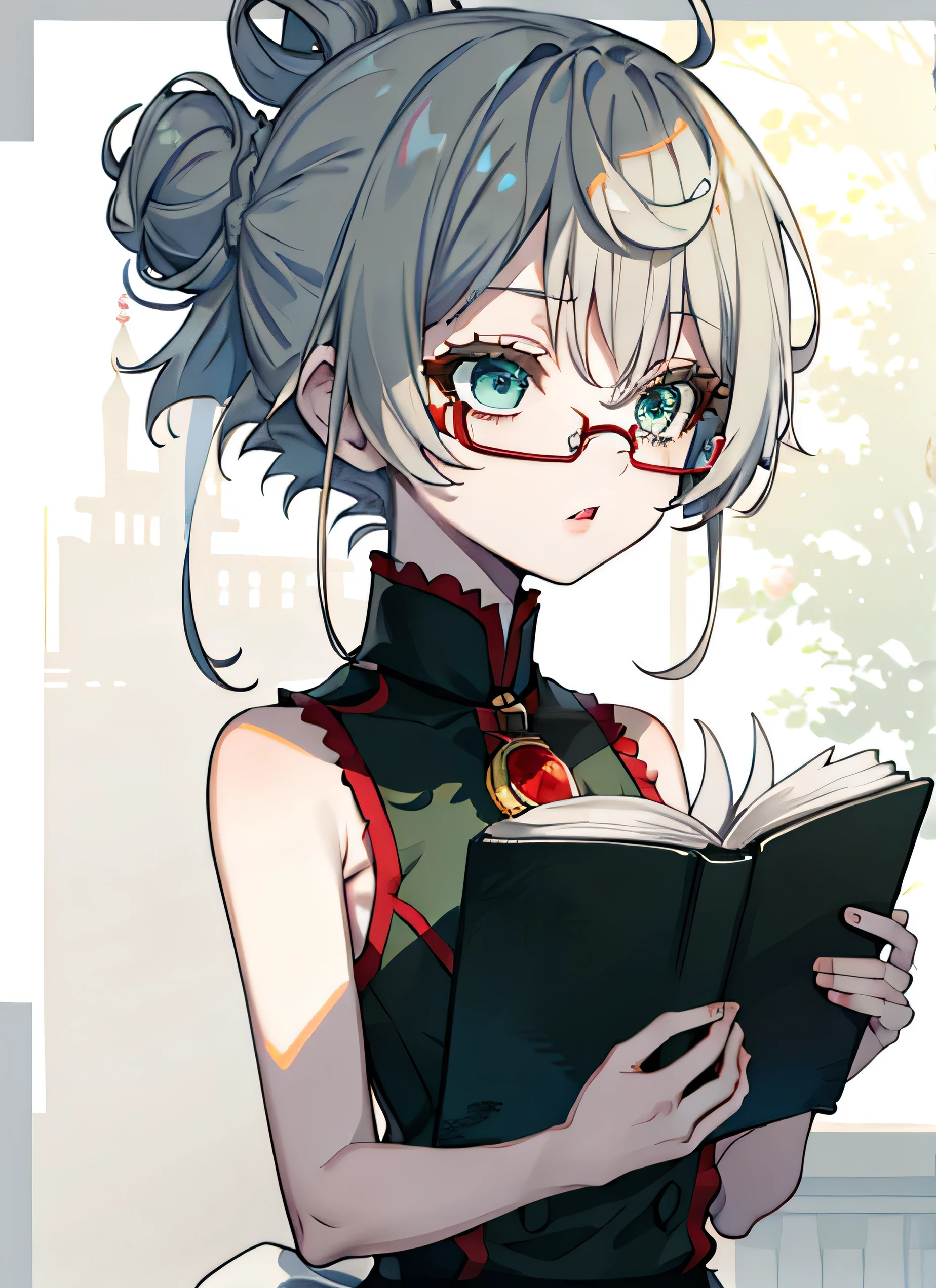 young girl, Gray hair in one bun, Green eyes, red glasses, Green Science Dress, White Elements, Sleeveless, open breasts, book, Masterpiece, hiquality, high detail, HD, 4k