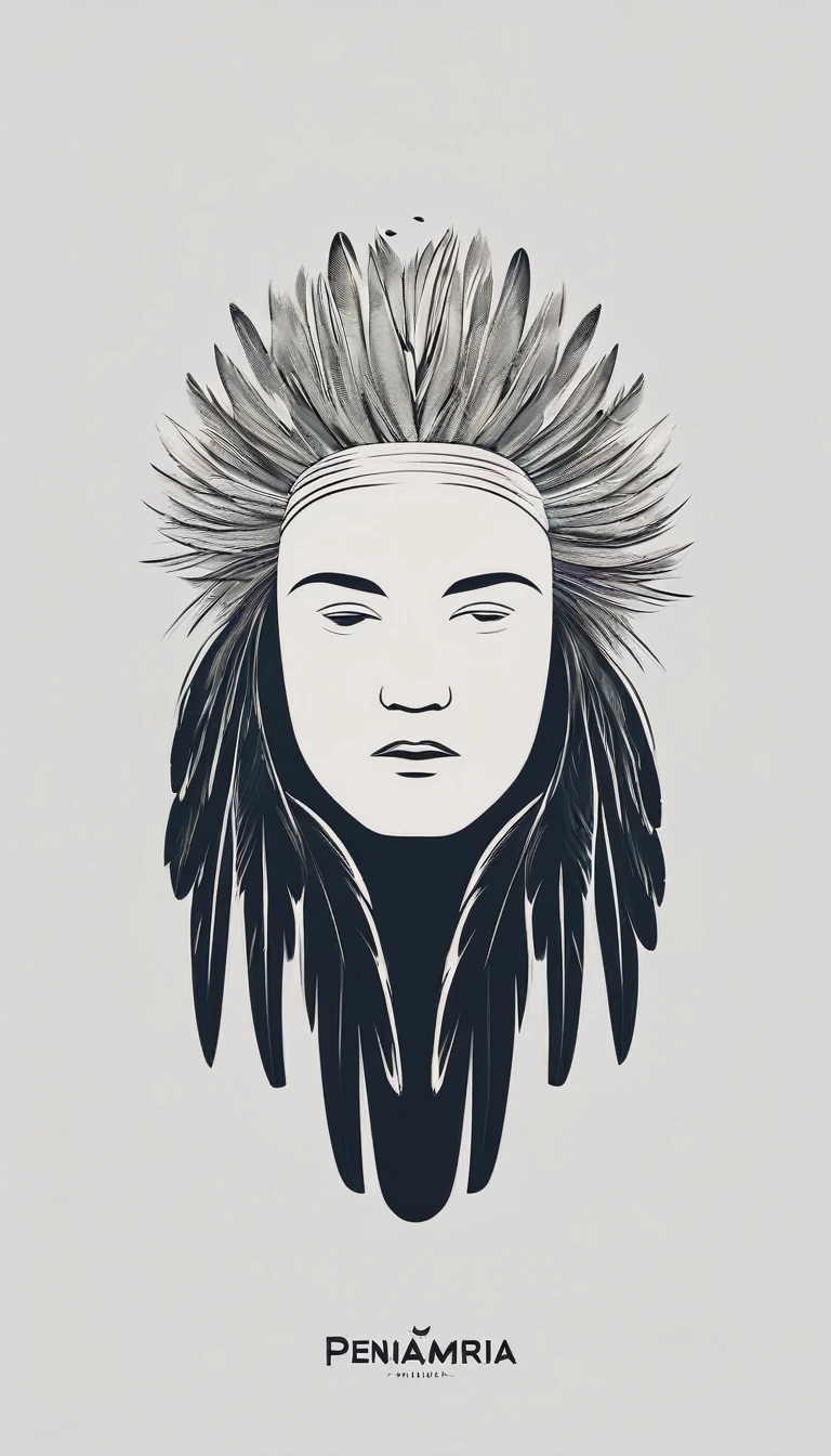A minimal, modern, simple, cinematic logotype of a boy with a head full of feathers for the brand “Penamemoria" .