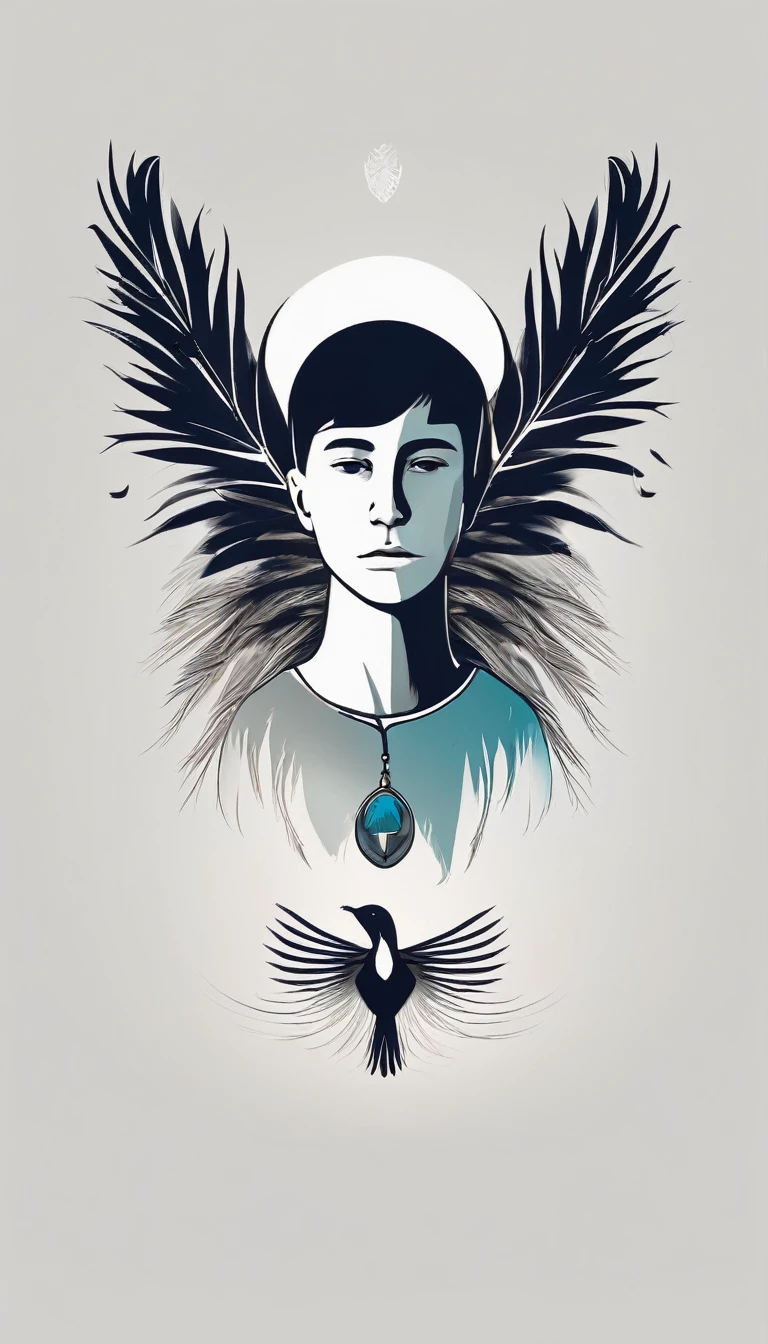 A minimal, modern, simple, cinematic logotype of a boy with a head full of feathers for the brand “Penamemoria" .