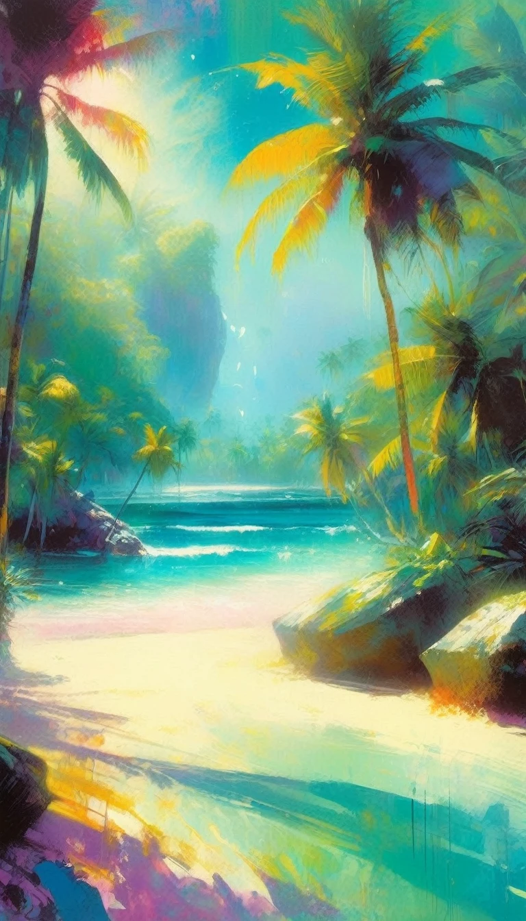 beautiful tropical beach landscape, magic, fantastic, background, (art inspired by Bill Sienkiewicz). oil painting)