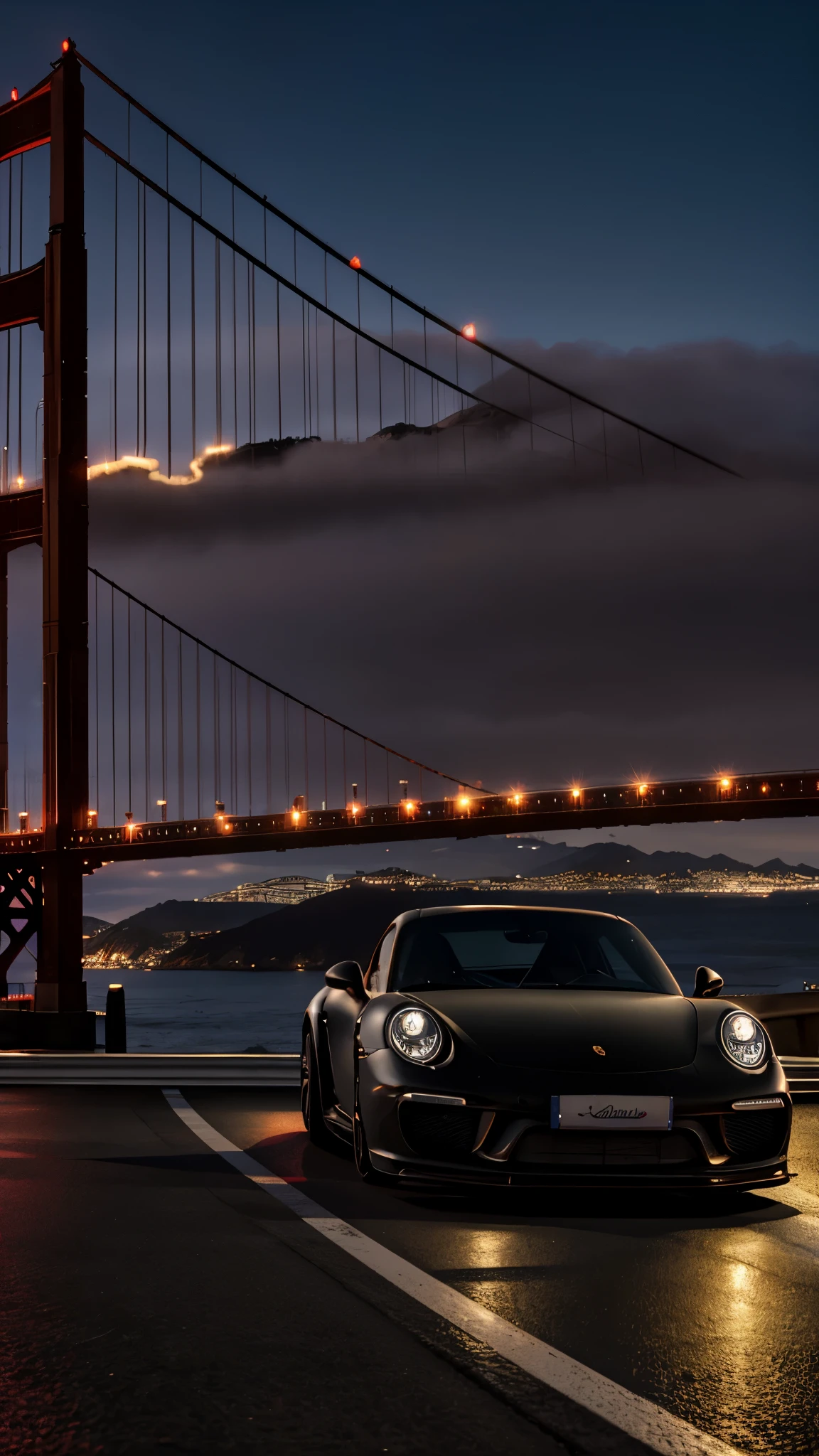 8k photorealistic scene of a customized, modified, Japanese style matte black porsche GT 90 driving towards Golden Gate Bridge in the background, in the evening, at night time, highly detailed, ultra realistic, proportionate, no errors
