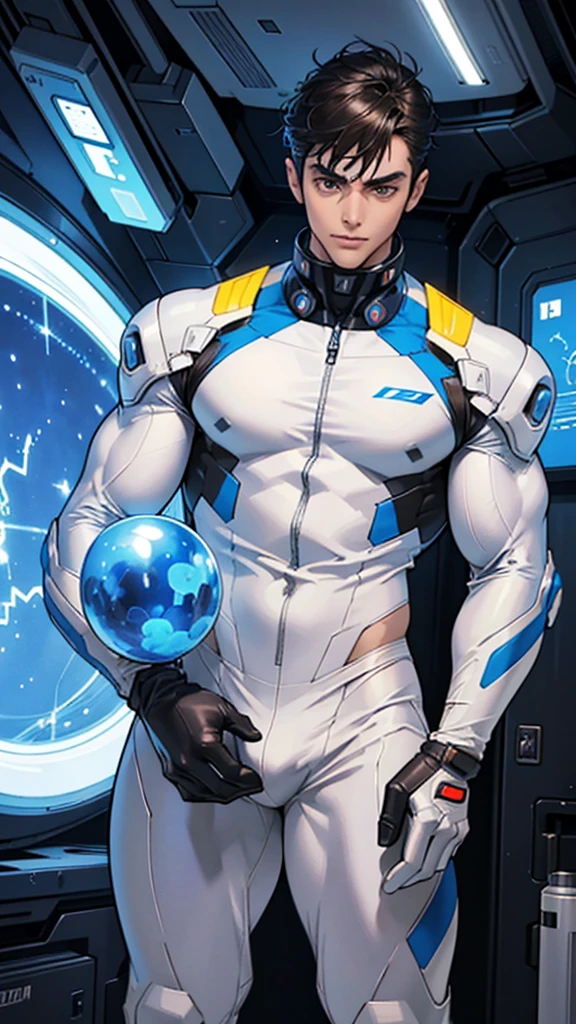 Handsome 20 year old cyborg 　Brown Eyes　future　universe　Science fiction　The background is a bedroom in a spaceship and there is a naked woman　A very tight white and blue rubber suit　Plug Suit　Gloves　looking at the camera　White bulge　Big chest muscles  Narrow waist  Big hips  Very short black hair with bang  Male slim muscular man　Big bulge Big ass Big, long cock