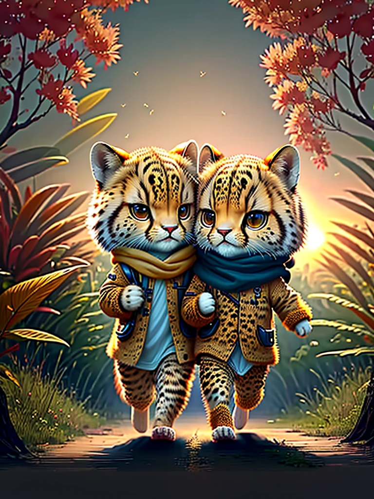 best image quality、"Create your own cute animal masterpieces、Cheetah、(The place is a forest), high detail, in 8K、best image quality、dressed as an adventurer、With shuriken in hand、Ninja Hero Costume、(((cute)))、Walking towards the morning sun、Sunrise morning sun in the background