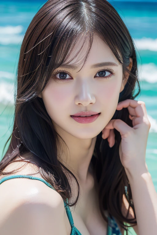 (masterpiece:1.3), High resolution, Very detailed, Very detailed CG Unity 8k 壁紙, Realistic, photo-Realistic, RAW Photos, Beautifully detailed face, Pale skin, Realistic glistening skin, Detailed cloth texture, Detailed hair texture, Perfect body, Beautiful Face, Accurate, Anatomically correct, Very detailed顔と肌の質感, Natural neck length, (Beautiful Hands), (Fair skin:1.2), Thin legs, Thin legs, Sexy thighs,
break, 
fine grain, Symmetrical eyes, Light brown eyes, double eyelid, Thin eyebrows, (Glossy Lips:1.4), (Sexy smile:1.2), (blush:1.1),
break, 
(Very cute girl:1.3), (Wearing an elegant floral erotic bikini:1.2), 
Big Breasts, Cleavage, (Hard chest, Shapely breasts, Slim figure:1.1), Toned Abs, 
(Dark brown hair, Wavy Hair, Medium Long Hair:1.2), ((Asymmetrical bangs:1.2)), 
break, 
((Immerse yourself in the ocean:1.4)), 
((In Waikiki, Hawaii:1.2)), (Cowboy Shot:1.2), (from the front:1.3)