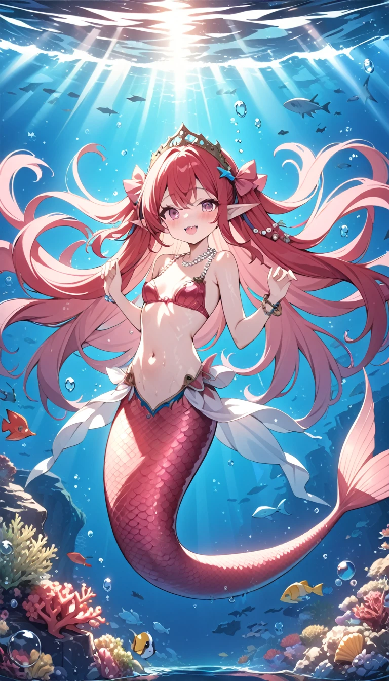 (best quality,4k,8k,highres,masterpiece:1.2),ultra-detailed, Pretty 15 years old princess magically transformed into a beautiful mermaid, race swap, fantastic transformation, none human, steampunk, fish like, wet body, surrounded by small bubbles, long and detailed mermaid tail with shimmering red fish scales, fins ears, drawn in anime style, very long pigtails red hair, sharp teeth, is smiling, pink eyes, small breast, long pelvic and dorsal fins, pair of fish gills on the torso, red seashells bra, starfish hair clips, pearl earrings and bracelets, pearl necklace, hair ribbons, gold tiara, ocean depths, swimming underwater, joyful expression, playful mermaid poses, sparkling water, water reflections, ethereal atmosphere, subtle glow, whimsical and enchanting, checking her new body, underwater world, colorful coral reef, magical underwater lighting, vivid colors, breathing underwater, endless ocean depths, sunlight filtering through the water, Highly detailed, masterpiece, high quality, 4K.