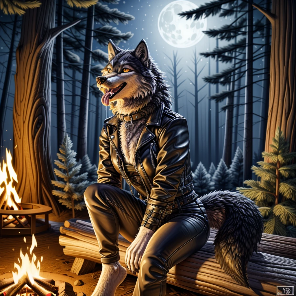 Sitting in front of campfire on log, female, 30 years old, happy, mouth open with tongue hanging out, black leather jacket, anthro, wolf ears, (black fur:1.5), wolf, forest background, 8k, hi res, (best quality, masterpiece), (wolf tail:1.5), detailed fur, solo, looking at camera, night, leash, collar,