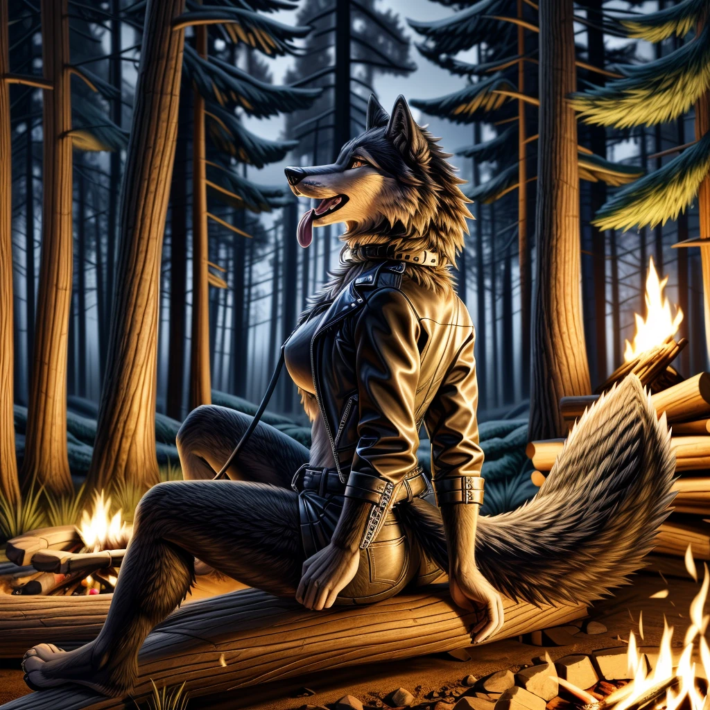Sitting in front of campfire on log, female, 30 years old, happy, mouth open with tongue hanging out, black leather jacket, anthro, wolf ears, (black fur:1.5), wolf, forest background, 8k, hi res, (best quality, masterpiece), (wolf tail:1.5), detailed fur, solo, looking at camera, night, leash, collar,