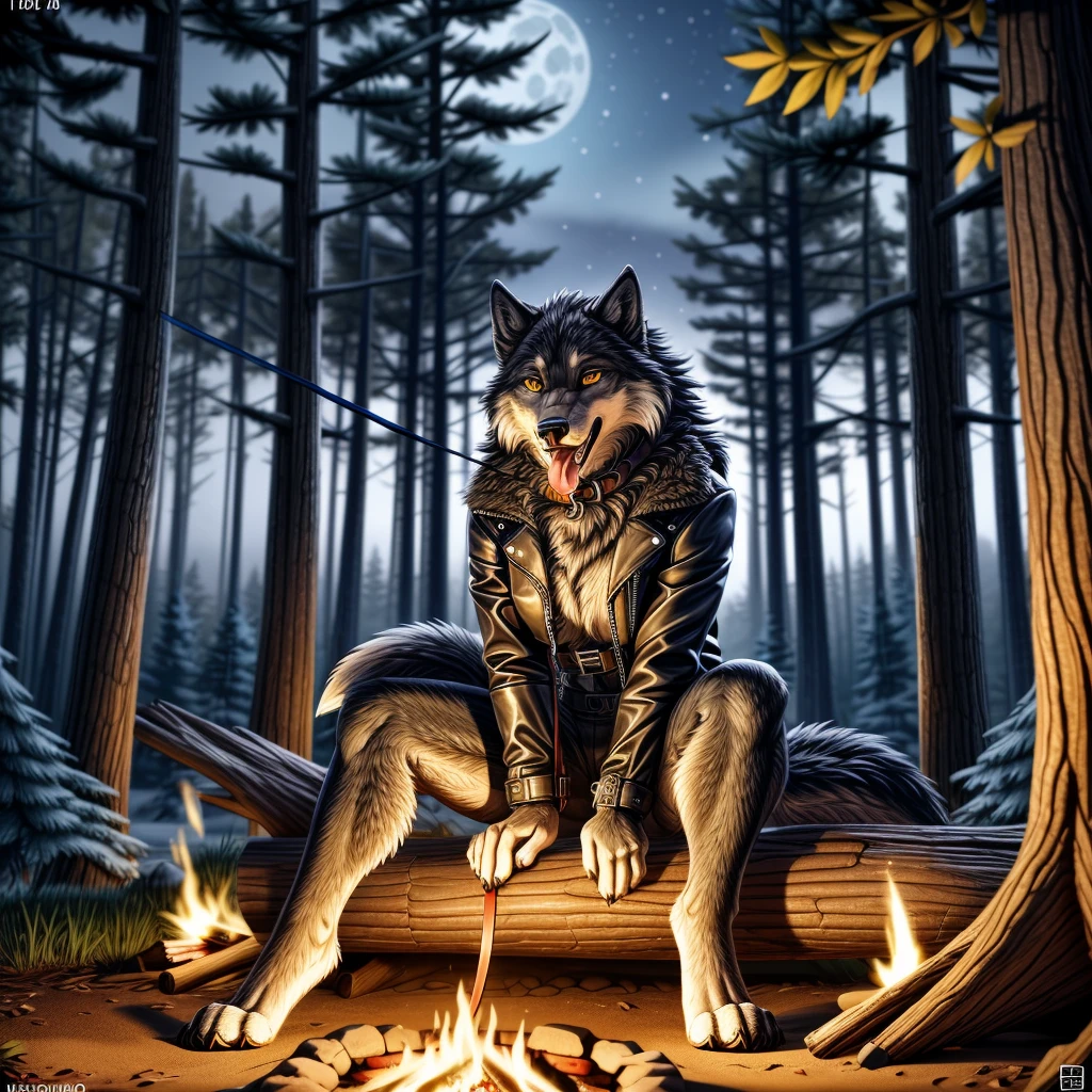 Sitting in front of campfire on log, female, 30 years old, happy, mouth open with tongue hanging out, black leather jacket, anthro, wolf ears, (black fur:1.5), wolf, forest background, 8k, hi res, (best quality, masterpiece), (wolf tail:1.5), detailed fur, solo, looking at camera, night, leash, collar,