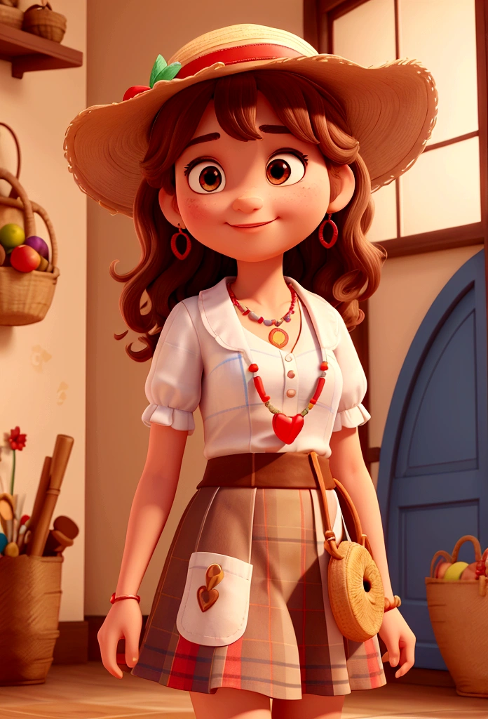 Create a 3D Movie Poster Inspired by Disney Pixar, Dinner must be in digital art style,Round face, big, bright brown eyes, rosy cheeks. Light brown bun hair, wavy and loose to the shoulders. Wearing a white blouse with puffed sleeves, blue and red plaid skirt, apron with large pockets, distressed brown leather boots.
Accessories: straw hat with red ribbon, colorful bead necklace, heart earrings. Wicker basket with fresh flowers and fruits.